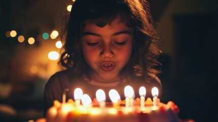 Wall Mural - A child blowing out candles on a birthday cake in a festive setting.