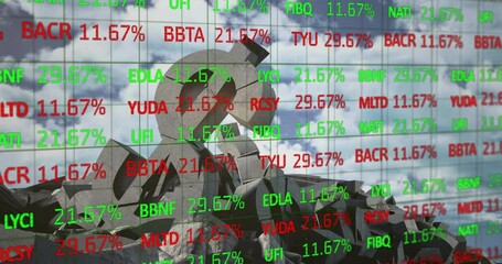 Poster - Animation of financial data processing over broken dollar symbol and sky with clouds
