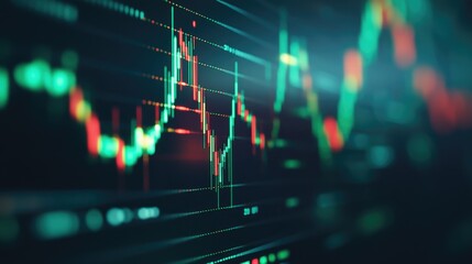 Poster - A close-up of a digital stock chart on a computer screen, with green and red candlestick patterns showing market trends and trading volumes