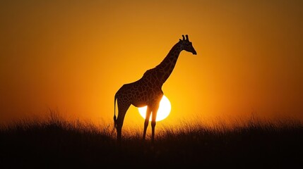 Wall Mural - A silhouette of a giraffe against a vibrant sunset, highlighting wildlife in its natural habitat.