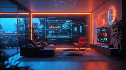 Wall Mural - Futuristic home automation systems controlled by neural interfaces: People controlling their homes with thoughts via AI-powered brain-machine interfaces.