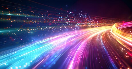 Wall Mural - Abstract digital background with glowing light trails and stars, representing the concept of speed in data transfer or futuristic technology