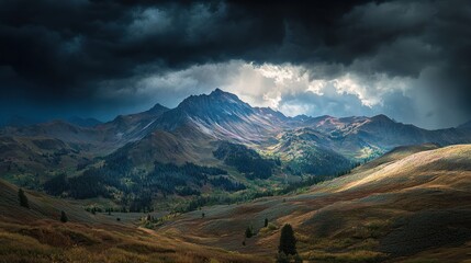 Wall Mural - A dramatic mountain landscape under dark clouds with sunlight breaking through.