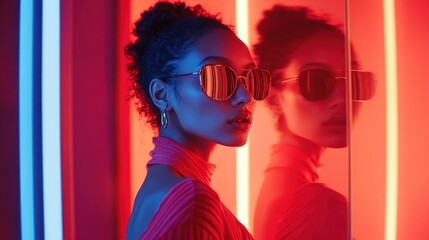 Wall Mural - A stylish individual poses with sunglasses against vibrant neon lighting.