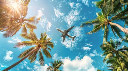 Blue sky with coconut trees, The airplane is going to the tropical sea beach.