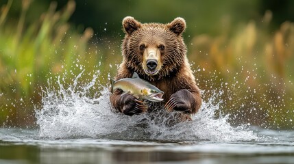 Wall Mural - A bear catches a fish in a river, showcasing wildlife in action.