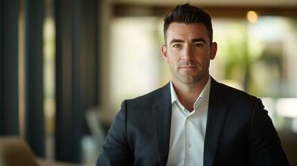 A professional man in a suit poses confidently in a modern interior setting.