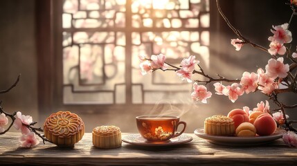 Wall Mural - still life with tea and flowers