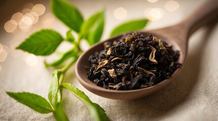 Dried black tea leaves in a wooden spoon with fresh green tea leaves on a soft background