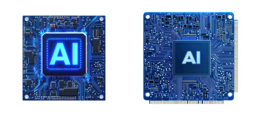 Set of  Top view of blue CPU microchips with AI at the center, advanced tech innovation, isolated on transparent background 