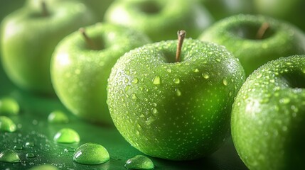 Wall Mural - A row of green apples with water droplets on a green background.