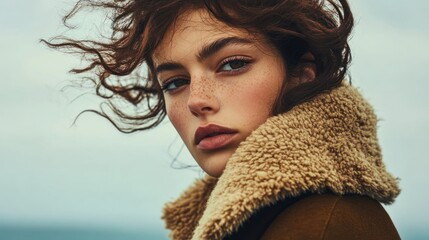 Poster - A close-up portrait of a woman with wind-swept hair, wearing a cozy jacket outdoors.