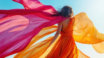 A woman in a flowing orange dress dances with colorful fabrics against a bright sky.