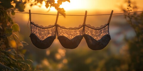 Three black lace bras drying in the sunset.