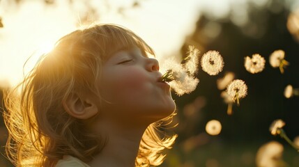 Canvas Print - A child blowing dandelion seeds in a sunlit outdoor setting, capturing a moment of joy.