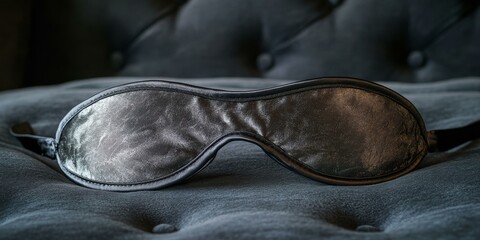 Poster - Black sleep mask on a dark fabric surface.