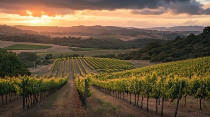 Wall Mural - Scenic vineyard landscape at sunset with rows of grapevines and rolling hills.