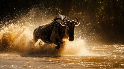 Poster - A wildebeest splashes through water, creating dynamic motion and capturing wildlife's beauty.