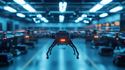 Futuristic AI-controlled air traffic systems managing urban drone networks: A futuristic control center monitoring a city-wide network of delivery drones.