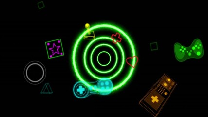 Poster - Animation of game icons over neon circles on black background