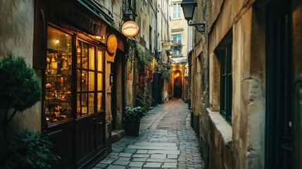 Wall Mural - A charming narrow alleyway with a shop, illuminated by warm lights.