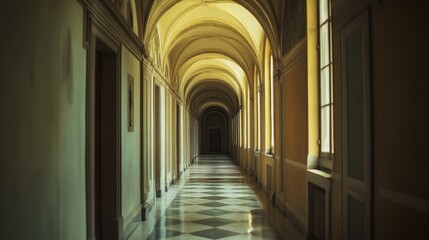 Wall Mural - A serene hallway with arches and soft lighting, showcasing elegant architectural design.