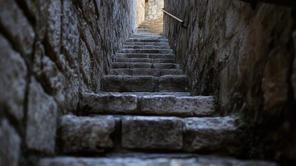 Wall Mural - A narrow stone staircase leading upward, surrounded by ancient stone walls.