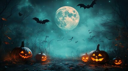 Mystical Halloween background featuring glowing pumpkins bats eerie moonlight wallpaper