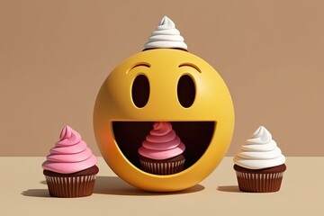 Wall Mural - 3D Emoticon Face with Cupcakes Symbolizing Satisfaction on Minimalist Background