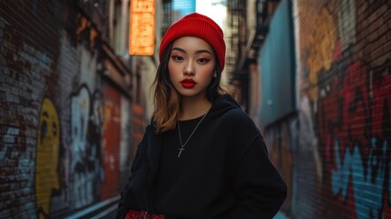 Canvas Print - A young woman in a red beanie poses confidently in a graffiti-covered urban alley.