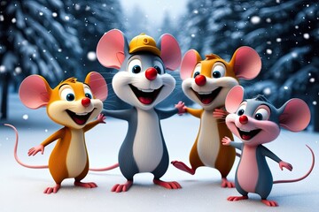 Wall Mural - 3D Cartoon Mice in Joyful Winter Wonderland on Snowy Canvas