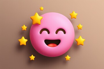 Wall Mural - Three Dimensional Blushing Emoticon with Star Accents Affectionate Face Icon