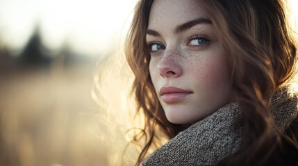 Poster - A close-up portrait of a young woman with freckles, set against a natural background.