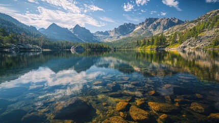 Wall Mural - Serene mountain lake reflecting peaks and trees under a clear blue sky.