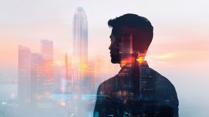 Silhouette of a man overlaid with a city skyline at sunset, symbolizing urban life, career aspirations, and personal growth ideal for websites or marketing materials focusing on business, inspiration