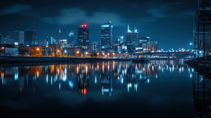 Wall Mural - Nighttime cityscape reflecting on water with illuminated buildings and a serene atmosphere.