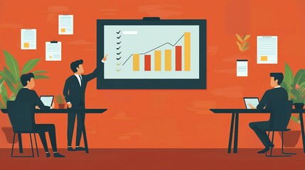 Poster - A businessman presents a bar graph with an upward trend on a whiteboard, while two colleagues listen intently.