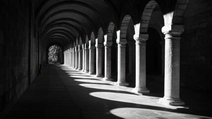 Wall Mural - A monochromatic corridor with arches casting shadows, evoking a sense of tranquility.