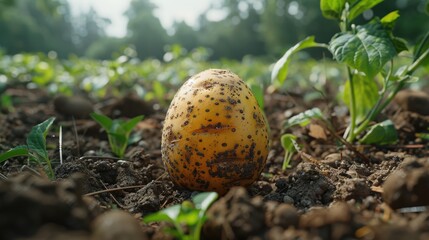 A freshly unearthed potato sits among green plants in a rich, brown soil field bathed in soft morning light, capturing the essence of organic farming and nature's bounty