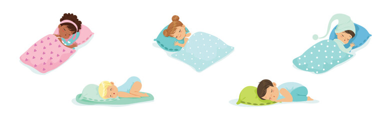 Poster - Adorable Little Sleeping Boy and Girl Character Covered with Blanket on Soft Pillow Vector Set