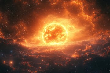 Wall Mural - aweinspiring cosmic vista featuring a brilliant sun surrounded by swirling nebulae distant galaxies and shimmering star clusters in the vast expanse of space