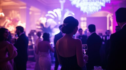 Poster - Elegant evening event with guests socializing and enjoying drinks under a chandelier.