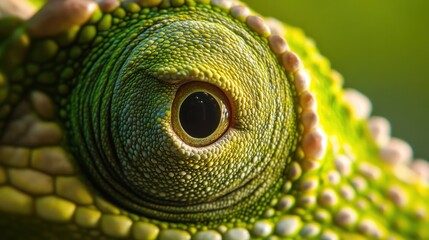 Wall Mural - Close-up of a vibrant green reptile eye with intricate details and textures.