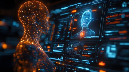 Futuristic digital health records system in use, patient data displayed with vibrant graphics, modern technology transforming medical care.