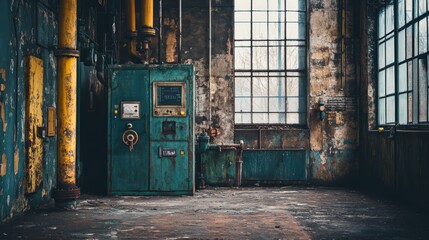 Wall Mural - An industrial setting featuring an old control panel amidst weathered walls and large windows.