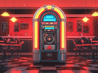 A classic red and yellow jukebox stands in a dimly lit diner with red walls, checkered floors, and booths.