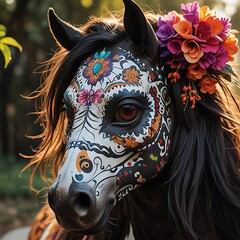 horse with colorful sugar skull face paint.with horse festive Day of the Dead mask. Concept of celebration, Halloween, cultural tradition, pet costume, Dia de los Muertos makeup, celebration