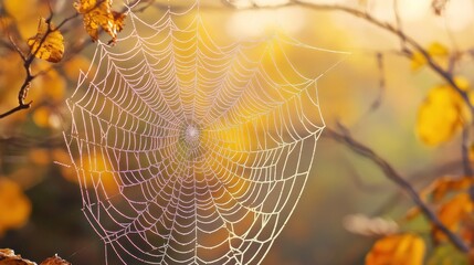 Wall Mural - A spider web glistens in the soft light of autumn, surrounded by colorful leaves.