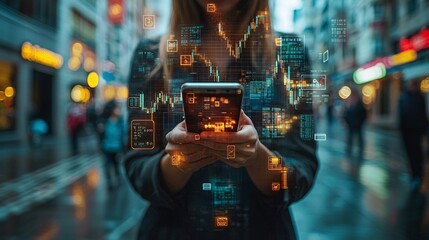 Wall Mural - A person holding a smartphone, with glowing holographic currency exchange rates and banking icons displayed in mid-air.