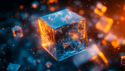 Poster - A glowing cube in a mystical space, showcasing vibrant colors and dynamic light effects, perfect for abstract designs.